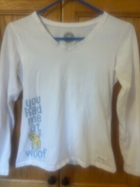 Life Is Good White V‑Neck Long Sleeve Tee with Yellow Dog Accent